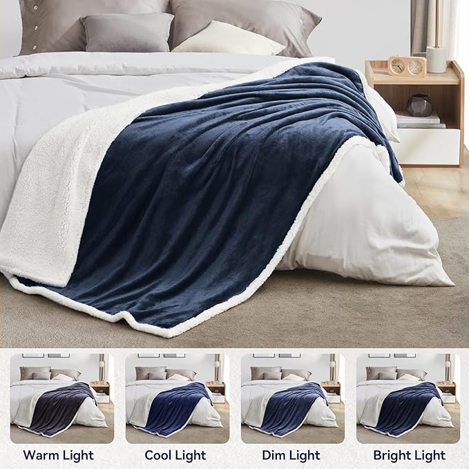 BEAUTEX Sherpa Fleece Throw Blanket Queen Size for Bed - Thick and Warm Blanket for Winter, Fluffy Flannel Plush Queen Blanket, Fuzzy Blue Cuddle Blankets for Bed (90" x 90", NavyBlue)