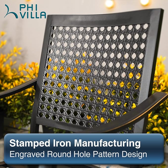 PHI VILLA Outdoor Conversation Set of 5 Piece Patio Furniture Dining Set for 4 Metal Chair Dining Table Set Modern Patio Wood-Like Table with Umbrella Hole for Outdoor Garden,Patio,Yard,Bistro