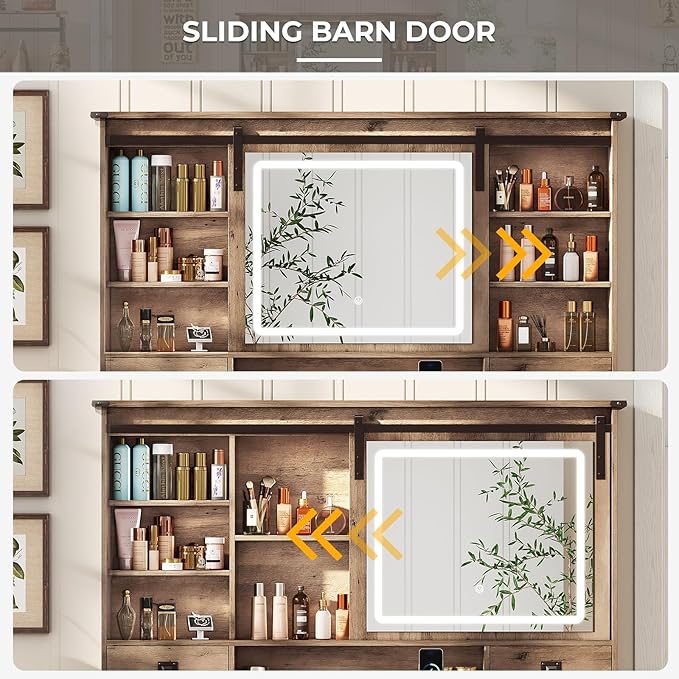 Makeup Vanity Desk with Lights, 47.2" Farmhouse Vanity Table with Sliding Mirror & Charging Station, Large Makeup Desk with 5 Drawers & 2 Cabinets, Rustic Oak