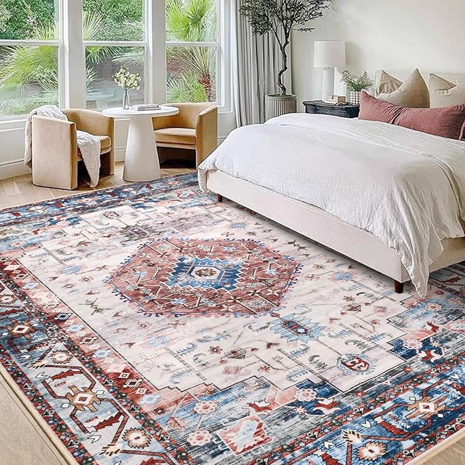 5x7 Area Rugs for Living Room, Non Slip Vintage Floral Rug for Bedroom Dining Room, Low Pile Indoor Carpet for Nursery, Kitchen, Office Home Decor, Red