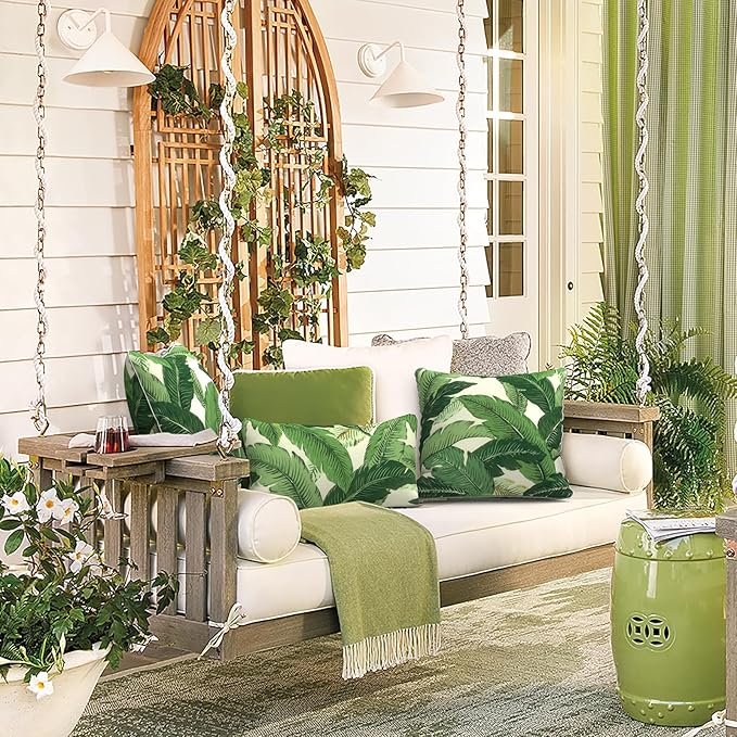 LVTXIII Set of 2 Patio Lumbar Pillows, 12”x20” Fade Resistant Outdoor Lumbar Pillow with Inners, Fluffy Decorative Garden Lumbar Cushions for Home Patio Coach Sofa Use, Swaying Palms Green