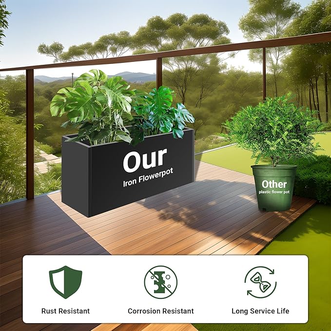 Metal Planter Box 30” x 12” x 16”, Tall Planter Box with Removable Insert Shelf, Black Steel Planter Heavy Duty for Porch, Garden, Patio, Yard