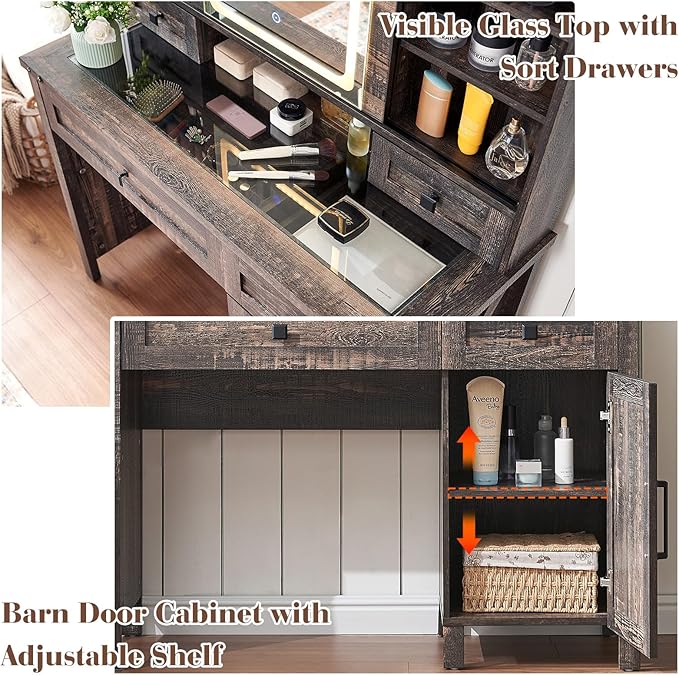 42'' Farmhouse Makeup Vanity Desk with Sliding Mirror and Lights, Glass Tabletop Vanity Table with Barn Door, 4 Drawers & Hidden Shelves, Rustic Big Vanity Women Dressing Table, Dark Oak