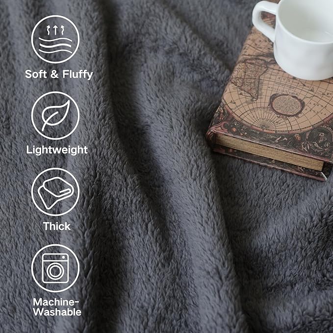 Sherpa Throw Blanket for Bed, Super Soft Cozy Fuzzy Plush Blankets for Winter, Reversible Thick Warm Blanket for Bed, Couch, Living Room, Grey, Queen Size 90"x 90"