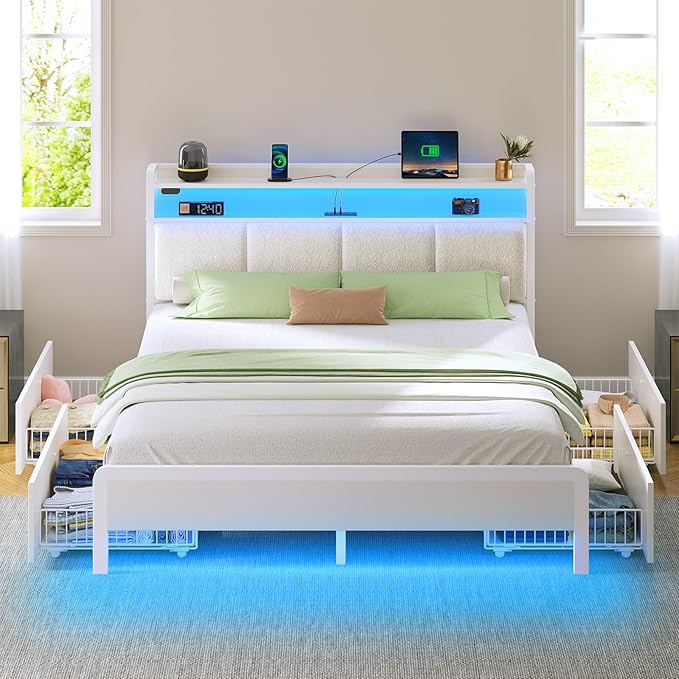 Rolanstar Bed Frame Full Size with Charging Station and LED Lights, Upholstered Storage Headboard with Drawers, Heavy Duty Metal Slats, No Box Spring Needed, Noise Free, Easy Assembly, White