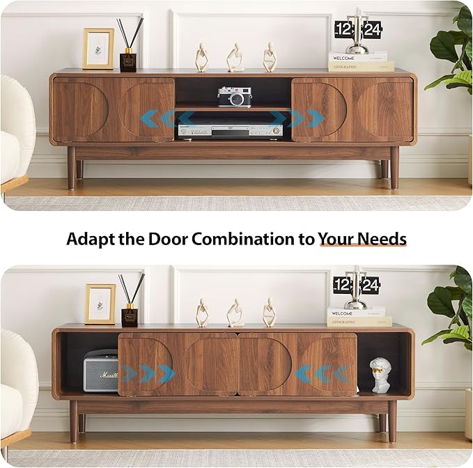 Mid-Century Wood TV Stand Cabinet for Television 55/60/65 Inch, 59" Long TV Console with Adjustable Storage Shelf and Arch Sliding Door, Media Center Cabinet for Living Room, Bedroom (Wanlnut)