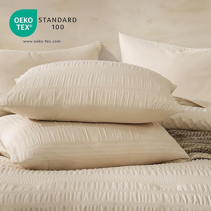 CASAAGUSTO Full Size Comforter Set, 7 Pieces Beige Seersucker Bed in a Bag Full Size Soft All Seasons, Bedding Sets with Comforter, Flat Sheet, Fitted Sheet, 2 Pillow Shams, 2 Pillowcases