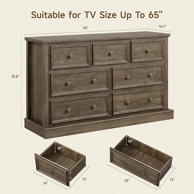 Farmhouse 7 Drawer Dresser for Bedroom, 55" Wide Wood Rustic Chest of Drawers for Bedroom, Storage Dressers Clothes Organizer for Closet, Living Room, Hallway, Dining Room(Rustic Brown)