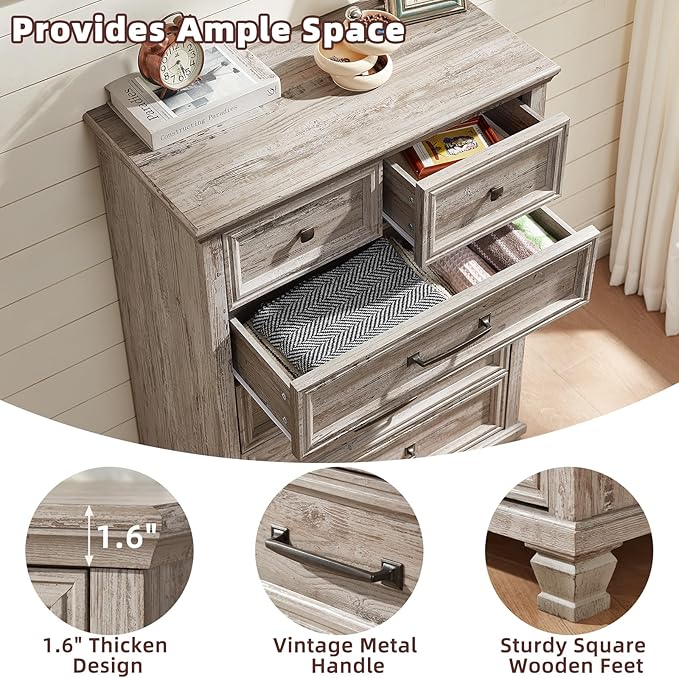 Farmhouse 6 Drawer Dresser for Bedroom, 45 Inch Tall Vintage Wood Chest of Drawers, Rustic Dressers w/Square Wooden Legs, Mid-Century Storage Organizer for Living Room, Hallway, Grey