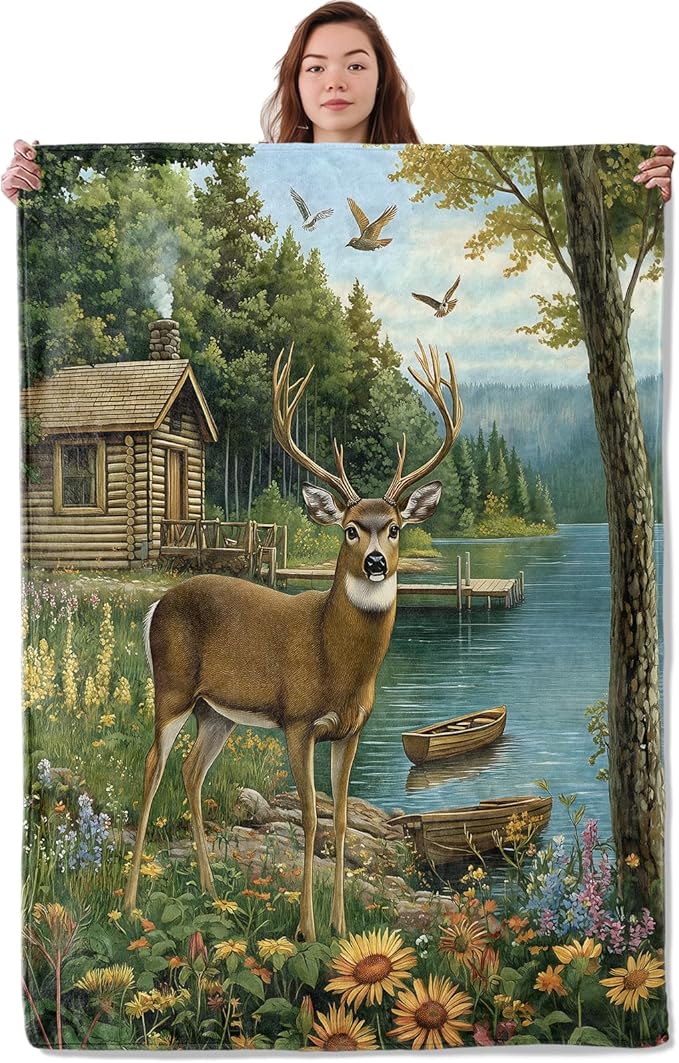 Cute Deer Blanket, Soft Cozy Warm Throw Blanket Gifts for Adults Kids Women, Lightweight Comfy Fuzzy Flannel Blankets for Couch, Travel, Car, Home Decor 80×60 Inch