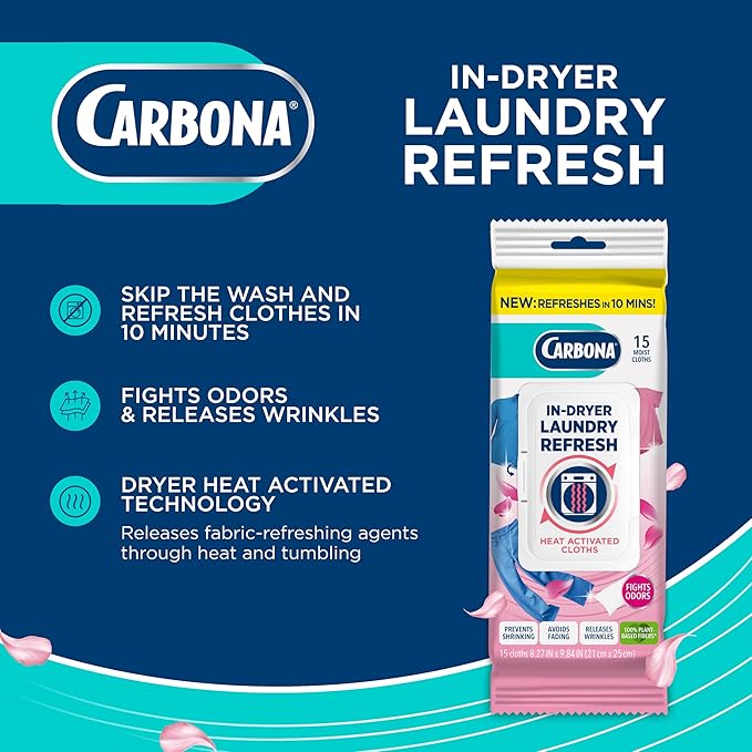 Carbona Laundry Refresh Dryer Sheets 15ct – Odor Eliminator, Wrinkle Releaser, Fabric Softener – Heat-Activated, Static Reducer, Prevents Shrinking & Fading – Quick Clothes Refresh