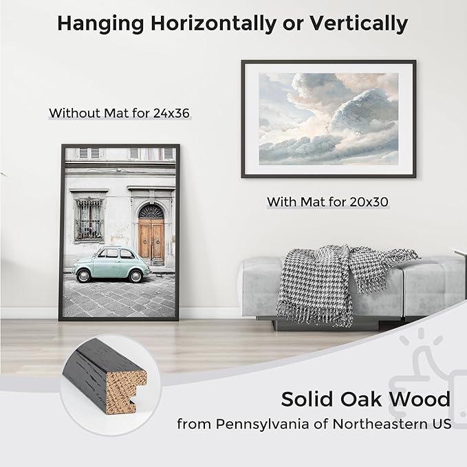 Axeman 24x36 Picture Frame with Mat for 20x30, Solid Oak Wood Poster Frame with Tempered Glass, Wood 24''x36'' Minimalist Photo Frame Movie Poster Frame with Wall Hooks for Art Photo Prints, Black