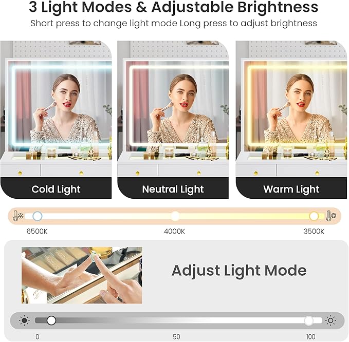 Pamapic Makeup Vanity with Lighted Mirror, Glass Top Vanity Desk with Power Outlet, 3-Drawer White Vanity, Makeup Table with 3 Color Modes Adjustment