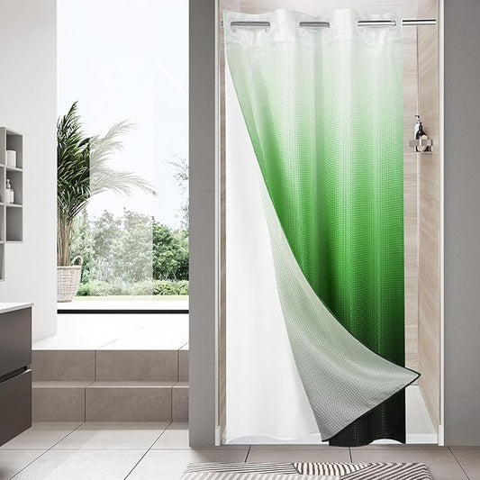MitoVilla Emerald Green Ombre Waffle Small Stall Shower Curtain 36 x 74, No Hooks Needed Half Size Narrow Fabric Cloth Shower Curtain Set with Snap-in Liner for Modern Bathroom Decor