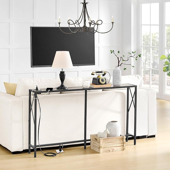 Sofa Table with Oulets and USB Ports, 55.1" Couch Table Behind Sofa, Industrial Long Skinny Stand for Hallway, Living Room, Bedroom, 6.5 Feet Power Cord