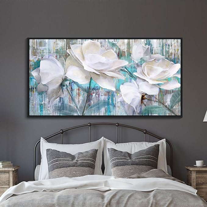 Large Flower Pictures Wall Art White Floral Modern Painting Wall Decor for Living Room Framed Artwork for Walls Bedroom Wall Decor Above Bed 29X58INCH