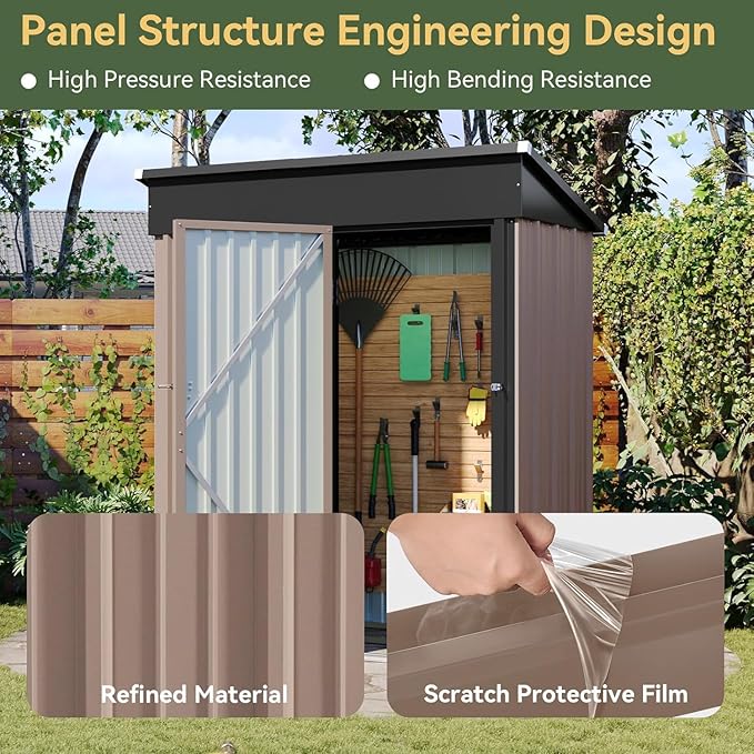 Aoxun 5x3 ft Galvanized Metal Outdoor Storage Shed with Base Slanted Roof Tool House with Stainless Latch & Base Frame Durable Weather-Resistant Garden Shed for Patio, Brown