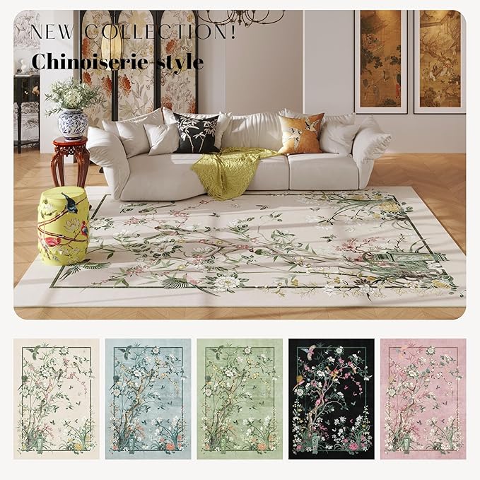 5x7 Area Rugs Chinoiserie-Style Floral Vintage Large Washable Rug Non Slip Low Pile for Living Room, Bedroom, Farmhouse, Dining Room, Kids Playroom, Beige