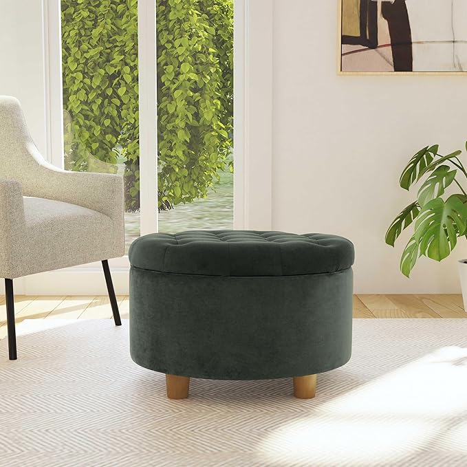 HomePop Home Decor | Large Button Tufted Velvet Round Storage Ottoman | Ottoman with Storage for Living Room & Bedroom, Loden Green Velvet, 28"