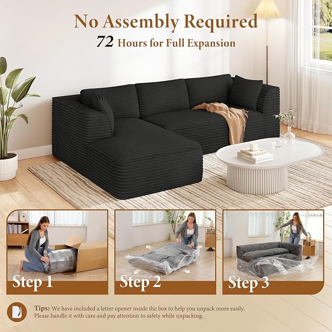 Vesgantti 106" Boneless Couch with Chaise, Deep Seat Comfy Cloud Modular Sofa Corduroy Memory Foam Sectional Couches for Living Room Bedroom, No Assembly Required (Black, Left-Facing Chaise)