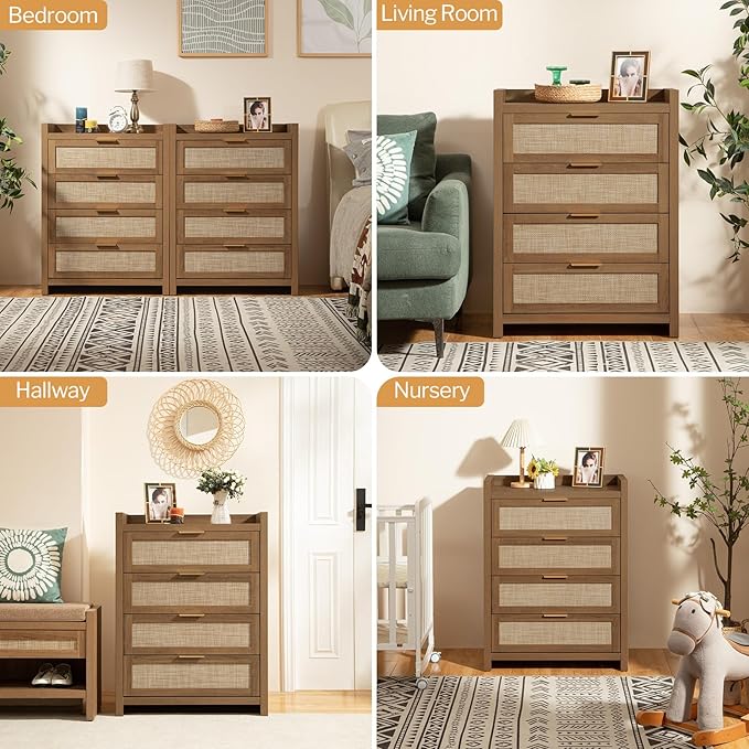 SICOTAS Dresser for Bedroom Chest of Drawers 38" Tall Dresser for Closet with 4 Rattan Drawers Boho Nightstands Set of 2 Large Clothes Storage Cabinet TV Stand for Living Room Hallway Nursery Entryway