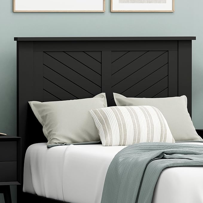 Serene Poplar Wood Twin Headboard, Modern Farmhouse Panel with Chevron Scoring, Twin Size Headboard in Black, Casual Coastal Style, Easy Assembly, Quality Materials