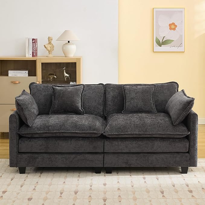 76'' Cloud Deep Seat Loveseat, Upholstered Chenille Modular 2-Seats Sectional Sofa Couch, Modern Comfy Settee Loveseat for Living Room Set, Small Apartment, Dark Grey
