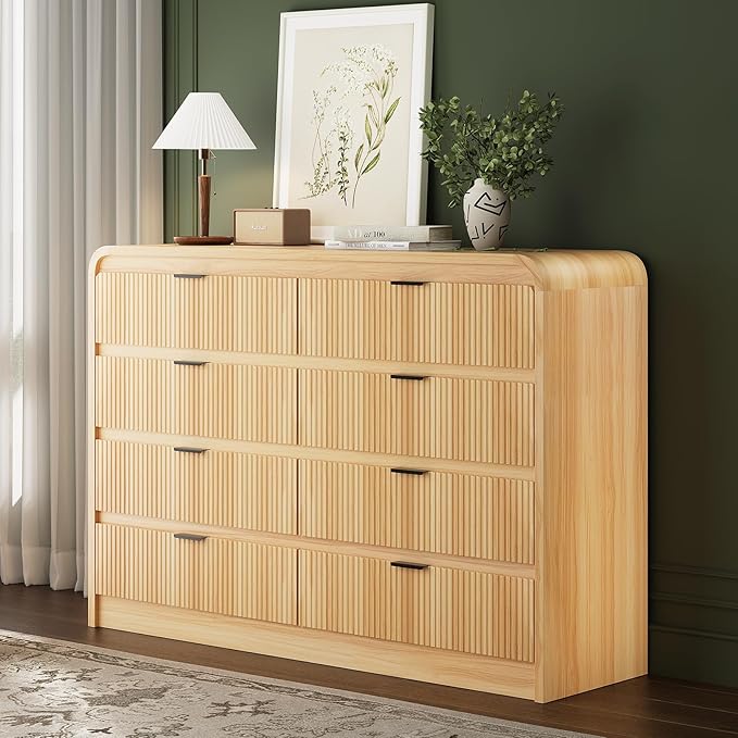 FURSUN Fluted 8 Drawers Dresser for Bedroom, 55" Wide Wooden Dresser with Metal Handle, Curved Profile Design, Modern Storage Organizer for Living Room, Hallway, Natural Oak