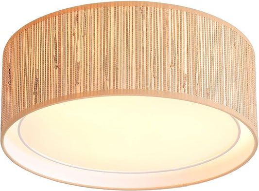 WINGBO 15.7" Modern 3-Light Flush Mount Ceiling Light Fixture with Fabric & Acrylic Double Drum Shade for Bedroom Living Room Dining Room Hallway Entryway, Wood Grain