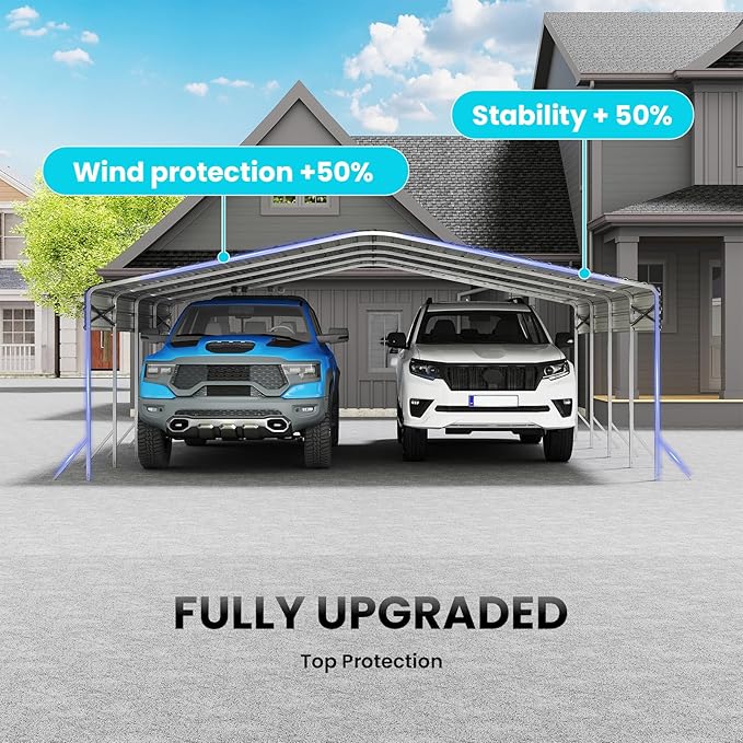 20x20 Carport, Heavy Duty Metal Car Port, All-Weather Protection, Easy Assembly for Cars, Trucks, Boats, Tractors, and Outdoor Storage, White