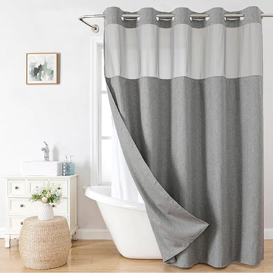 Extra Long No Hooks Needed Linen Textured Shower Curtain with Snap-in Fabric Liner Set,Grey Hotel Luxury Decor Shower Curtains for Bathroom,Waterproof & Washable,71Wx86H