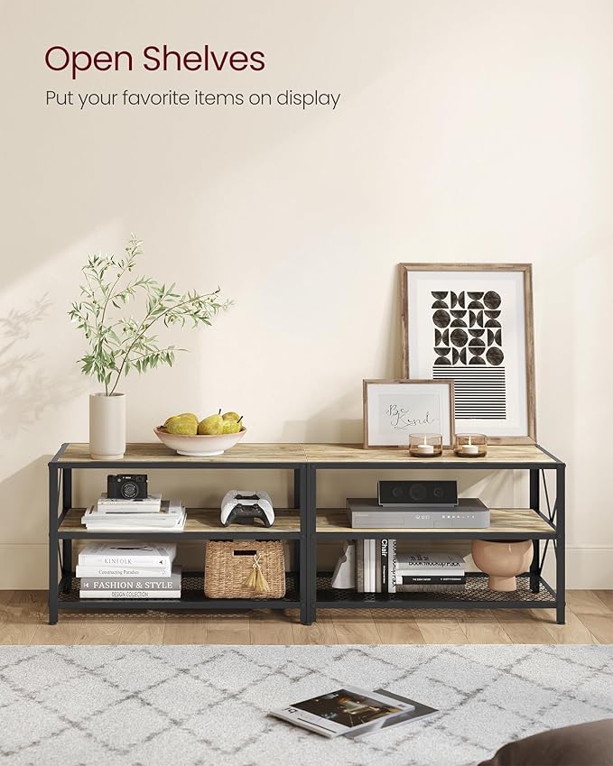 VASAGLE TV Stand, TV Console for TVs Up to 70 Inches, TV Table, 63 Inches Width, TV Cabinet with Storage Shelves, Steel Frame, for Living Room, Bedroom, Turquoise Brown and Black ULTV095B60