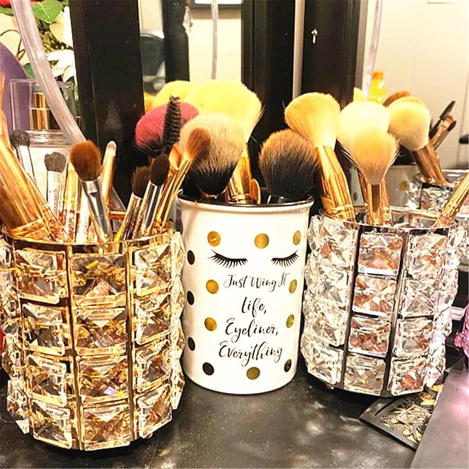 LUGUNU Makeup Brush Holder with Golden Crystal Bling – Elegant Vanity Organizer for Brushes, Pens & Pencils, Ideal for Bathroom or Office Countertop(2Pack)