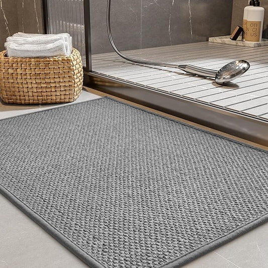 PADOOR Non-Slip Bath-Mats for Bathroom, Rubber-Backing Braided Absorbent Bathroom Mat Machine Washable Thin Bathroom Rugs Fit Under Door Quick Dry Bath Rugs for Floor, 17''x30'' Grey