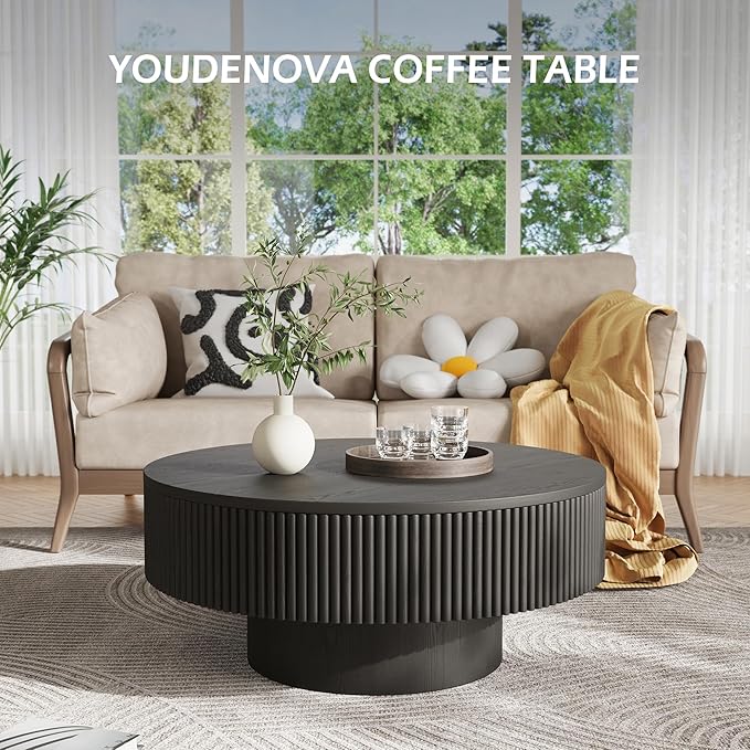 35” Round Fluted Coffee Table, Modern Wood Circle Coffee Table, Veneer Handcrafted Relief Tea Table with Sturdy Pedestal for Living Room - Black