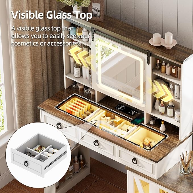 60" W Farmhouse Makeup Vanity Desk with Sliding Mirror and Lights, Charging Glass Top Large Vanity Table with Jewelry Storage,Vanity Set with 6 Drawers,10 Shelves,Side Storage Cabinet,White