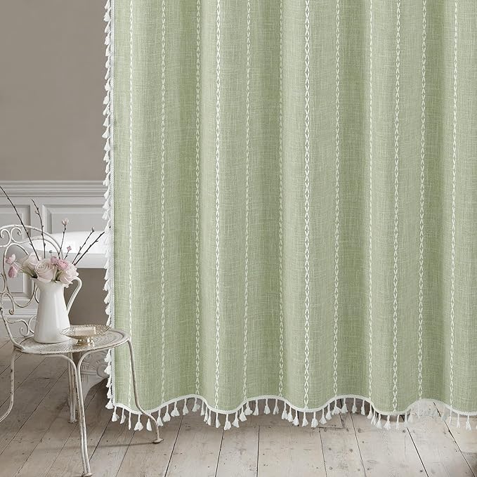 MitoVilla Sage Green Boho Shower Curtain for Vintage Rustic Bathroom Decor, Modern Farmhouse Polyester Linen Fabric Neutral Wrinkle Resistant Cloth Shower Curtain with Tassel, 72 x 72