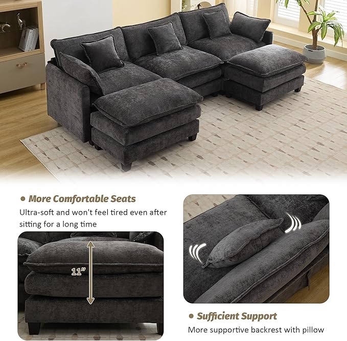 111'' Sectional Cloud Deep Seat Couch, Oversized Chenille U Shaped Sectional Sofa for Living Room Set, Comfy Upholstered Modular 5-Seats Sectional Sofa Couch with 2 Movable Ottoman, Dark Grey