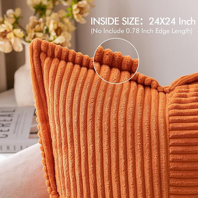 MIULEE Orange Fall Corduroy Decorative Euro Sham Pillow Covers 24x24 Inch with Splicing Set of 2 Soft Boho Pillow Covers Broadside Textured Summer Pillowcases for Couch Bed Livingroom