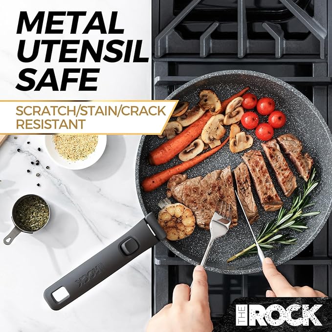 THE ROCK SMART SPACE Ceramic 16pc Nonstick Pots and Pans Set with ROCK.TEC, Cookware Set with Detachable Handles, Scratch/Stain/Crack Proof, Oven & Dishwasher Safe, PFAS & PFOA Free, Grey