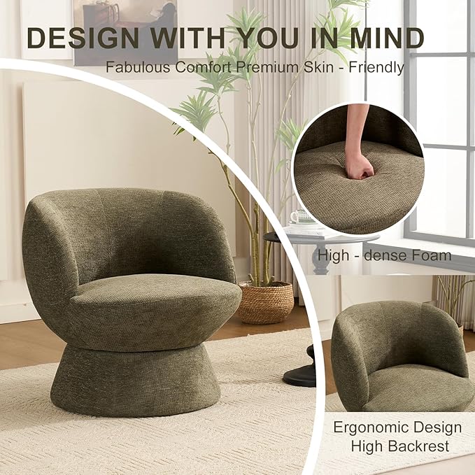 360° Swivel Boucle Bucket Chair, Accent Barrel Makeup Vanity Chair Modern Lounge Single Sofa with Padded Armrest for Dining Room, Living Room, Bedroom and Home Office. (Green)