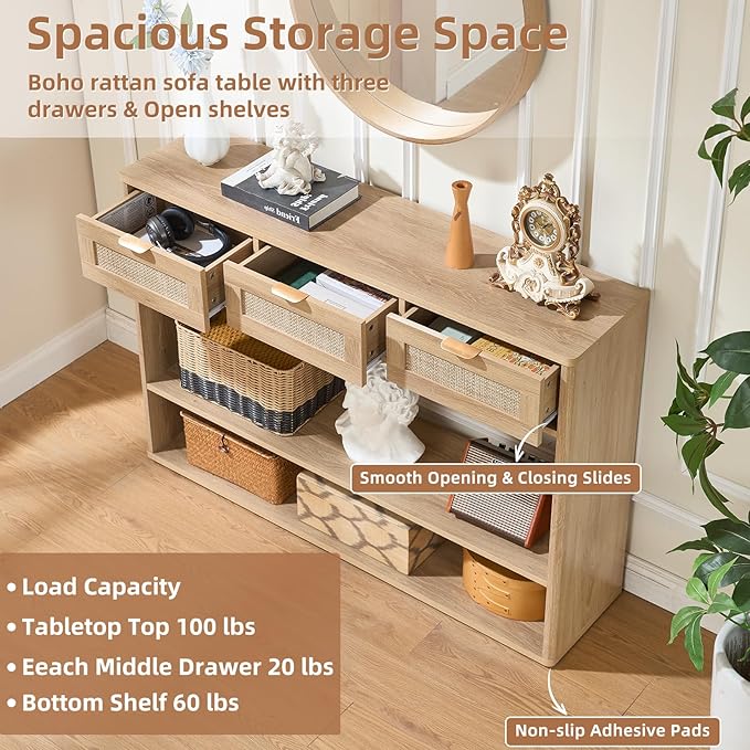 LEYAOYAO 48" Boho Rattan Console Table with 3 Drawers Set of 2,Wooden Entryway Table with Open Storage Shelf, 3 Tier Narrow Long Behind Couch Sofa Tables for Living Room, Hallway, Foyer, Natural Wood