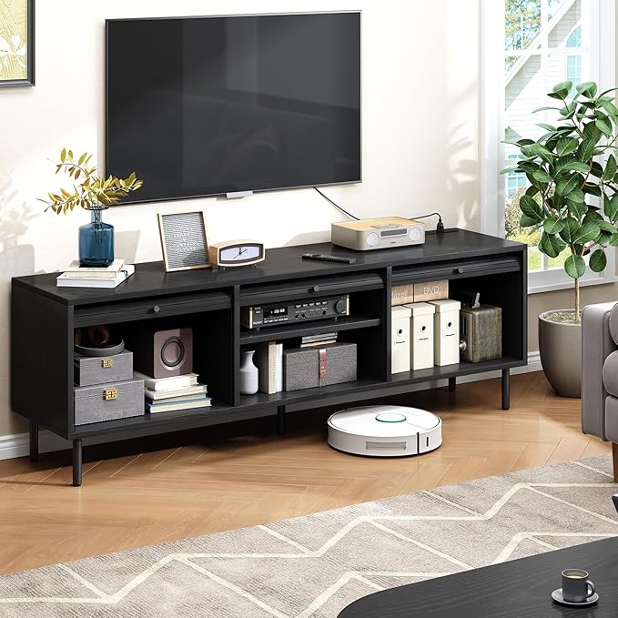 68 Inch TV Stand for TVs up to 75 Inch, Entertainment Center with Power Outlet, Mid-Century Modern TV Console with Storage, Adjustable Shelf & Sliding Doors, TV Stand for Living Room, Black