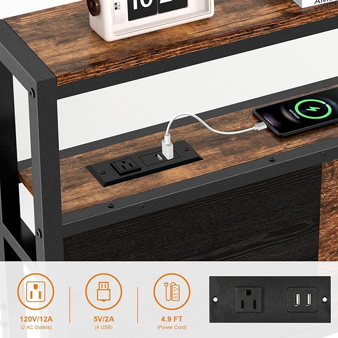 Full Size Headboard, Headboards with Charging Station, USB Port and LED Light, Head Board with 2-Tier Storage Shelf, Adjustable Height, Easy Assembly, Sturdy and Stable, Rustic Brown