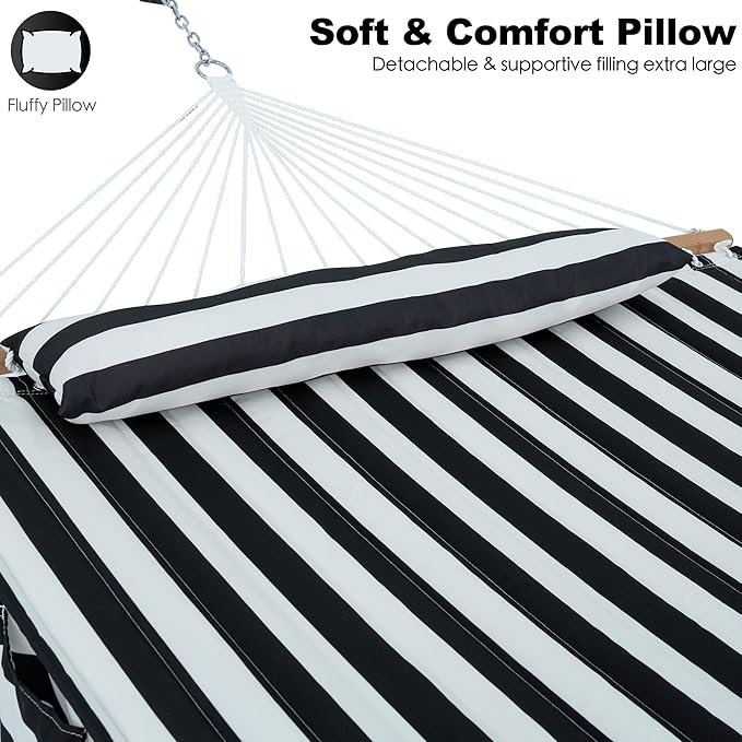 2 Person Hammocks for Outside, Double Quilted Fabric Outdoor Hammock with Spreader Bar, Large Removable Pillow, Storage Pockets, Carabiners, Max 475 lbs Capacity (Black White)