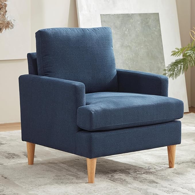 VKNOW Mid-Century Accent Chair, Modern Upholstered Armchair for Living Room, Comfy Reading Accent Chairs with Wood Legs for Bedroom, Navy Blue Polyester