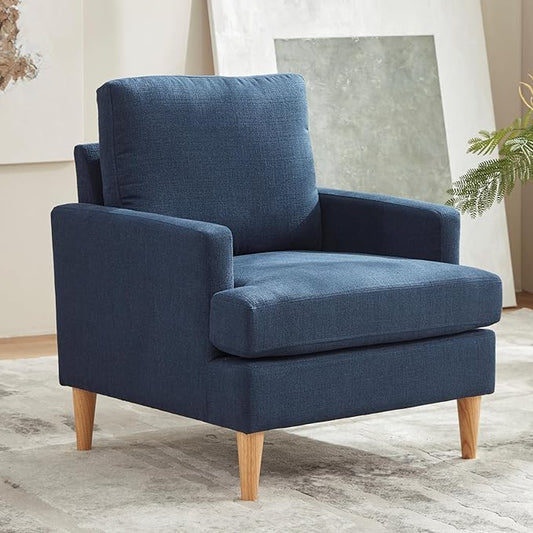 VKNOW Mid-Century Accent Chair, Modern Upholstered Armchair for Living Room, Comfy Reading Accent Chairs with Wood Legs for Bedroom, Navy Blue Polyester