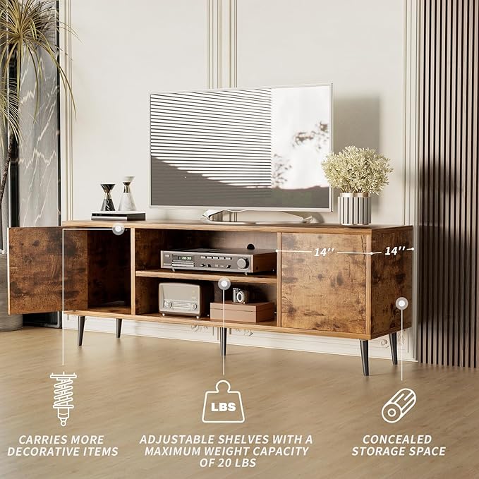 JUMMICO TV Stand for 65 Inch TV, Mid Century Modern TV Stand, Entertainment Center with Storage Cabinet and Open Shelves, TV Console Table Media Cabinet for Living Room, and Bedroom (Rustic Brown)