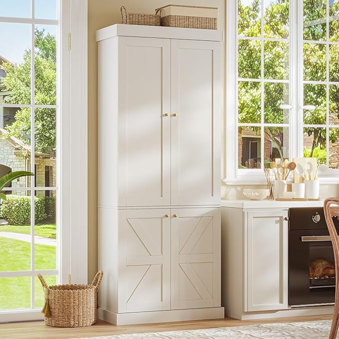 Vyre 70.8" Tall White Bookshelf with Doors, Farmhouse Modular Bookcase with 4-Tier Adjustable Shelves, Large Storage Cabinet for Home Office, Living Room