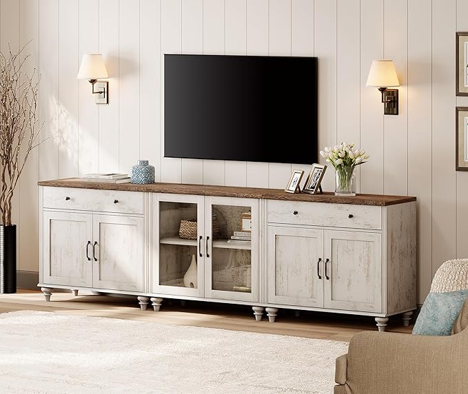 WAMPAT Farmhouse TV Stand for 100 Inch TV, 3-in-1 TV Console Table for 75/80/85/90 Inch TV, Entertainment Center with Glass & Wood Door, Kitchen Sideboard Buffet Cabinet for Living Room, Rustic White